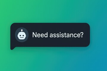 Poster - A digital chat bubble of chatbot's support assistance, with the friendly bot icon and a question mark. customer support service, teal to green gradient backdrop