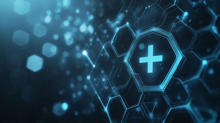 Poster - Abstract background with hexagons and medical symbols. Futuristic technology. Science background. Medical technology design. Science and technology. Healthy background. Copy space area