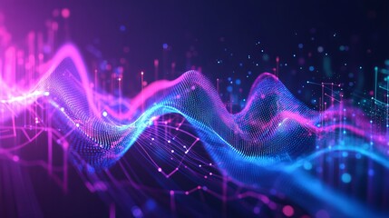 Poster - Abstract futuristic background with a glowing digital wave and bar graph. Data science or technology. Business stock world economy. Abstract digital financial graph. Futuristic technology