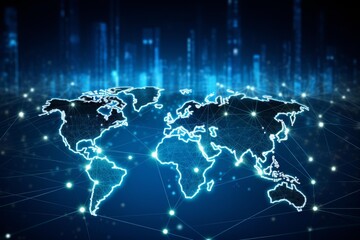 Fototapete - Illuminated world map with network connections and futuristic city backdrop, symbolizing global communication and technology