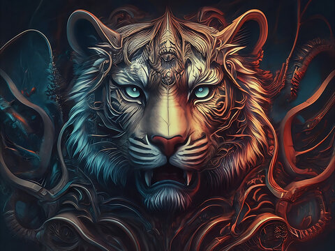 Computer graphic, Tigger lines art carbon painting for decorate new products. wildlife, biological, draw, dangerous, natural, elegant, terrifying, arrogant, cat, animal, feline, art, beauty, fashion .
