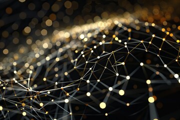 Fototapete - Abstract network connection is glowing gold and forming a mesh on a dark background with bokeh
