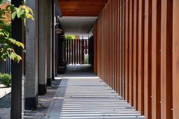 Poster - Sunlight casting shadows from wooden slats on a modern building facade