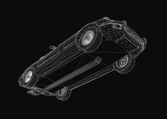 Fototapete - Low poly wireframe convertible car with sleek 3D effect on black background. Geometric lines create a modern digital aesthetic. The minimalist design highlights the vehicle's structure.