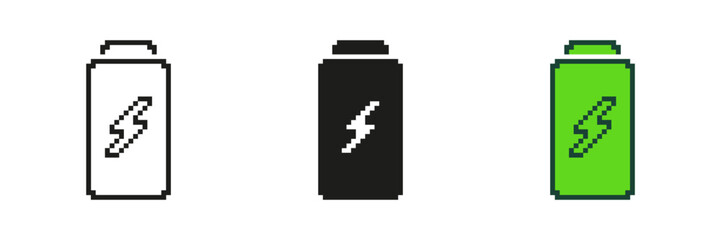 Fototapete - Pixel Art Battery Icon Set. Pixelated Battery with a Lightning Bolt. Isolated Vector Illustration