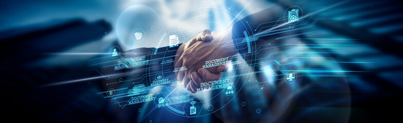 Aufkleber - Document Management concept, organizing workflows, IT Manager handshake of global network connection ensuring secure access, storage, sharing, compliance, and collaboration.