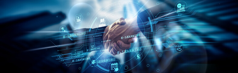 Poster - E-learning concept, digital transformation, Education Technologist handshake of global network connection enhancing remote access, virtual classrooms, interactive content, and collaboration tools.