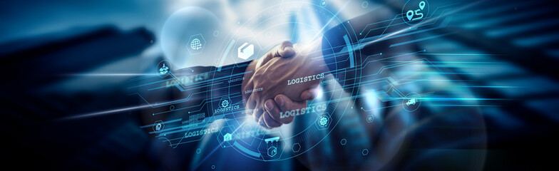 Poster - Logistics concept, efficient delivery, Supply Chain Manager handshake of global network connection optimizing transport, warehousing, inventory, and distribution for seamless product flow worldwide.