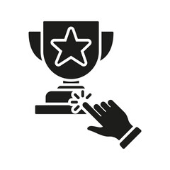 Aufkleber - Trophy With Hand Click Solid Icon. Online Achievement, Digital Reward, And Gamification Silhouette Symbol. Interactive Success Recognition. Isolated Vector Illustration