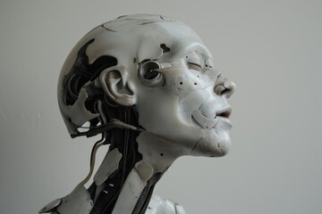 Poster - Futuristic android with its mechanics exposed is dreaming