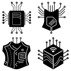 Fototapete - Illustration of four stylized black and white tech icons with circuits and connections designs shown