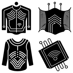 Fototapete - Four black and white icons depicting wearable technology and electronic components with circuit patterns