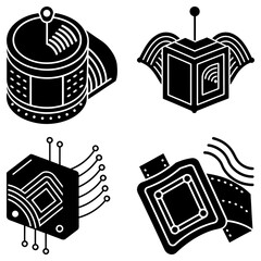 Fototapete - Illustration of four stylized black and white technology icons with geometric patterns and shapes design