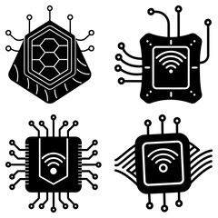 Fototapete - Illustration of four black and white stylized computer chips with wifi symbols and various pin layouts