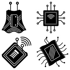 Fototapete - Four distinct black and white tech icons featuring a circuit board and wireless signal designs displayed