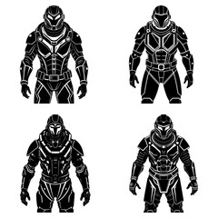 Poster - Four futuristic armored figures in black and white showcasing detailed suit designs and varied helmet styles