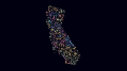 Poster - California dotted animation. Shape of the state build of pulsating colored dots. Small size square blocks. Digital style map on dark background. Creative video.