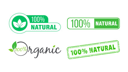 Aufkleber - Collection of four green 100 percent natural and organic product certification seals and labels isolated on transparent background