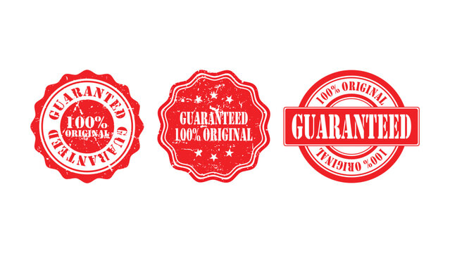Three red grunge rubber stamps with text guaranteed and one hundred percent original isolated on transparent background