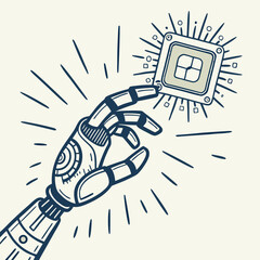 Aufkleber - A graphic illustration of a robotic hand holding a computer chip with radiating lines around it drawn