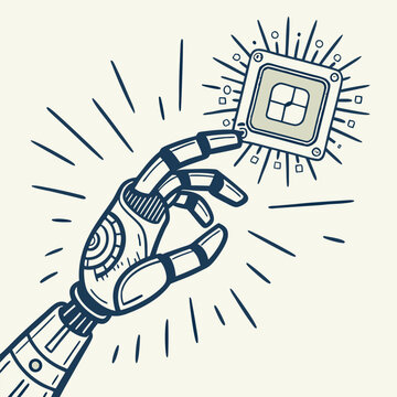 A graphic illustration of a robotic hand holding a computer chip with radiating lines around it drawn