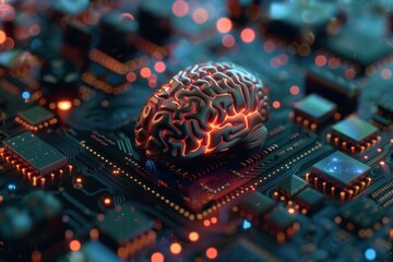 Fototapete - 3d render illustration of an artificial intelligence concept with a brain sitting on a motherboard