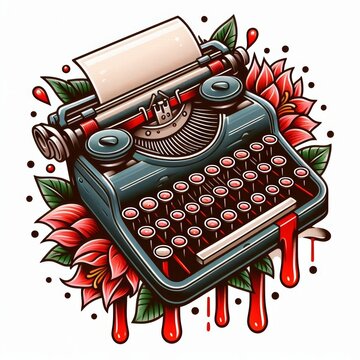 Vintage Typewriter with Bleeding Red Keys and Floral Tattoo Aesthetic