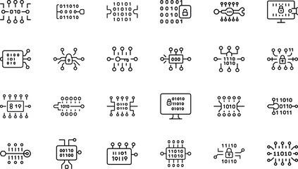Fototapete - Modern computer circuitry icons with binary code and digital data encryption symbols