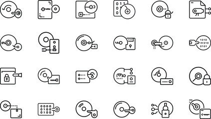 Poster - Collection of data security and digital encryption vector icons in outline style