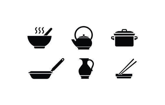 Kitchen and restaurant solid icon set with cooking tools, utensils, cutlery, and equipment silhouette pack