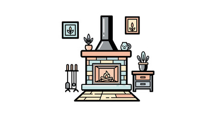 Poster - Cozy fireplace illustration with plants, furniture, and warm colors