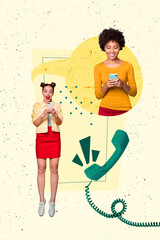 Aufkleber - Trend artwork template 3D collage sketch of friends couple young lady communicate landline phone smartphone app dialog conversation speech