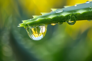 Poster - Close up of a water droplet hanging from an aloe vera leaf reflecting golden light