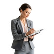 © PNG STOCKS - A thoughtful businesswoman in a grey suit is focused on taking notes in her journal, ideal for professional content or personal organization, transparent background
