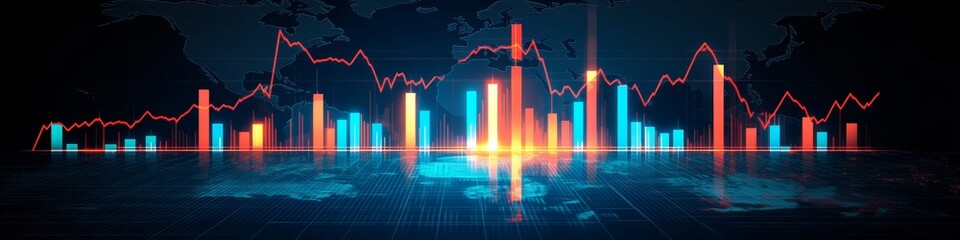Poster - Stock market analysis with vibrant red and yellow trend lines, blue candlesticks on dark background