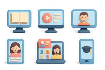 Poster - 3d online learning and communication icons with computer and mobile interfaces