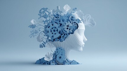 Aufkleber - 3D paper cut-style robot head with gears and neural network icons artificial intelligence creativity concept in soft blue tones