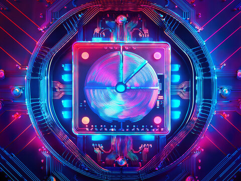 Futuristic artwork of twelve hardware images with colorful lighting and icons
Digital collage of microchips and circuits in vibrant tech composition