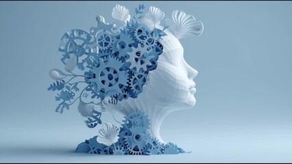 Aufkleber - 3D paper cut-style robot head with gears and neural network icons artificial intelligence creativity concept in soft blue tones