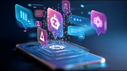 Poster - AI assistant icon floating above smartphone with speech bubbles and automation symbols smart technology user interface
