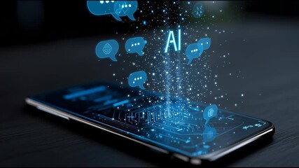 Poster - AI assistant icon floating above smartphone with speech bubbles and automation symbols smart technology user interface
