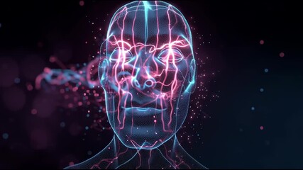 Aufkleber - Neon glowing head silhouette with AI algorithm patterns and data particles deep learning and brain tech