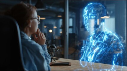 Poster - Office worker talking to an AI assistant hologram in modern workspace real person interacting with virtual intelligence