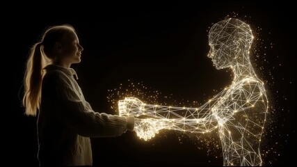 Aufkleber - Young woman shaking hands with a realistic digital avatar made of glowing particles future partnership and AI integration