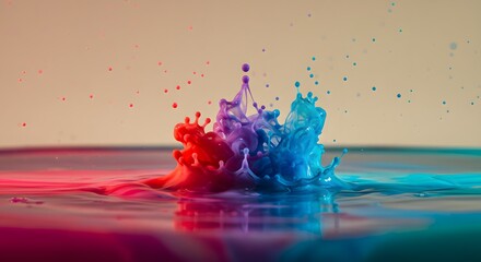Poster - A vibrant splash of red, blue, and purple liquid colliding mid-air, creating a dynamic and colorful crown-like shape with droplets and reflections.