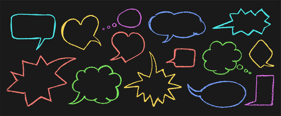 Poster - Cartoon color speech bubbles with rough crayon texture and graffiti style. Abstract charcoal set for message or word board. Isolated kindergarten speak arrow with round grunge effect. Vector