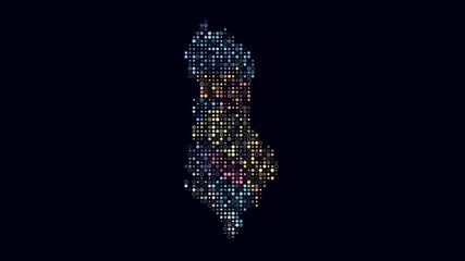 Poster - Albania dotted animation. Shape of the country build of pulsating colored dots. Small size circle blocks. Digital style map on dark background. Awesome video.