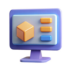 Aufkleber - Stylized 3d computer monitor displaying a cube and buttons isolated on white background