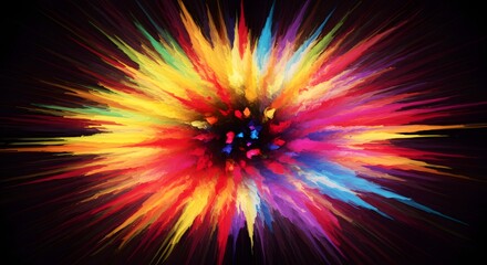 Fototapete - An abstract explosion of vibrant colors radiating outwards from a central point against a dark background, creating a dynamic and energetic visual effect.
