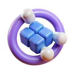 Aufkleber - Abstract 3d geometric composition with purple ring blue cubes and white spheres isolated on white background